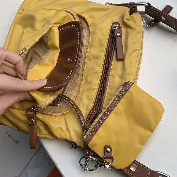 Giani Bernini Crossbody Faux Leather Nylon Tan Mustard Yellow Brown Bag - Picture 7 of 17